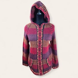 CHASQUI | Colorful Alpaca Wool Full Zip Hooded Knit Striped Aztec Cardigan | M L
